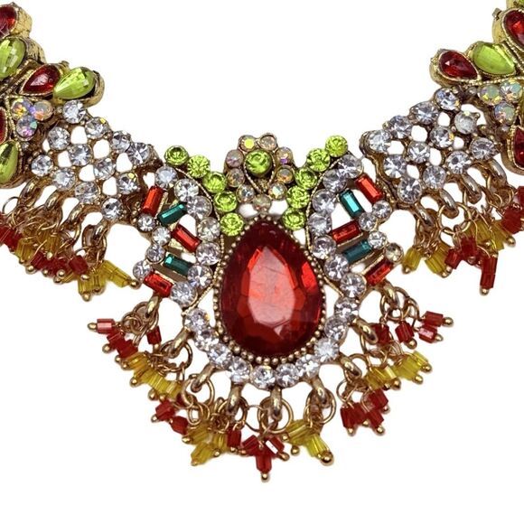 Indian Statement Crystal Necklace & Earrings Set Red Green Gold-Tone Bridal - Picture 4 of 16